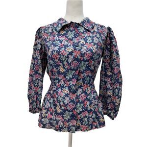 SAINT‎ LAURENT Rive Gauche Vintage Womens Size 36 Blue Floral Button Blouse Bow